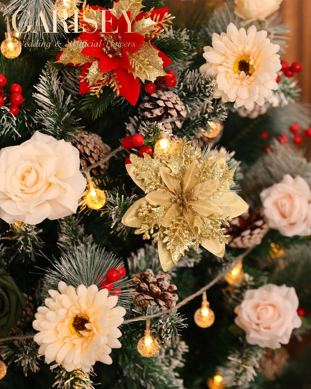 Christmas Artificial Flowers Poinsettia Flower Mix Silk Flowers Fake Roses with Stems for DIY Table Centerpieces Christmas Tree Xmas Wreath Holiday Home Party Decor