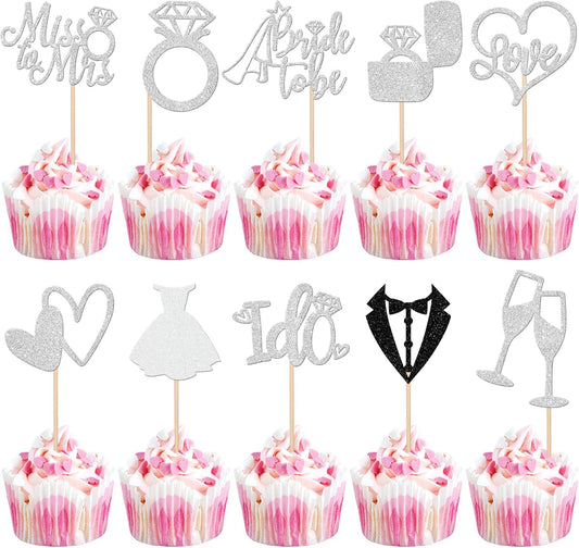 30 PCS Bride to Be Cupcake Toppers Glitter Wedding Cupcake Decorations I Do Love Heart Ring Miss to Mrs Cupcake Picks for Wedding Engagement Bridal Shower Party Cake Decorations Supplies Silver