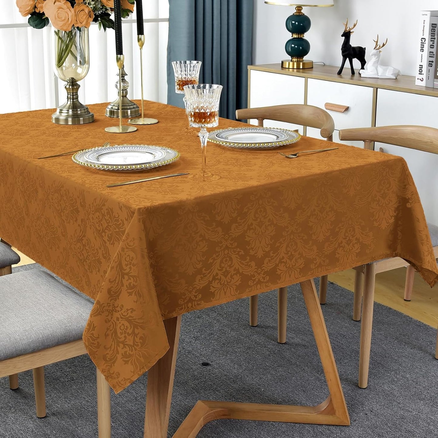 Rectangle Table Cloth - 60 x 102 Inch Brown Jacquard Tablecloths Damask Design Spillproof Wrinkle Resistant Shrinkproof Soft Tablecloth Polyester Oblong Table Cover for Kitchen Dinning Party Tabletop