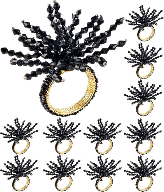12-Pcs Decorative Napkin Rings - Beaded Serviette Ring Napkin Holders for Summer Beach Wedding Ocean Coastal Nautical Holiday Party Home Table Décor (Black) - CLEENTABLE