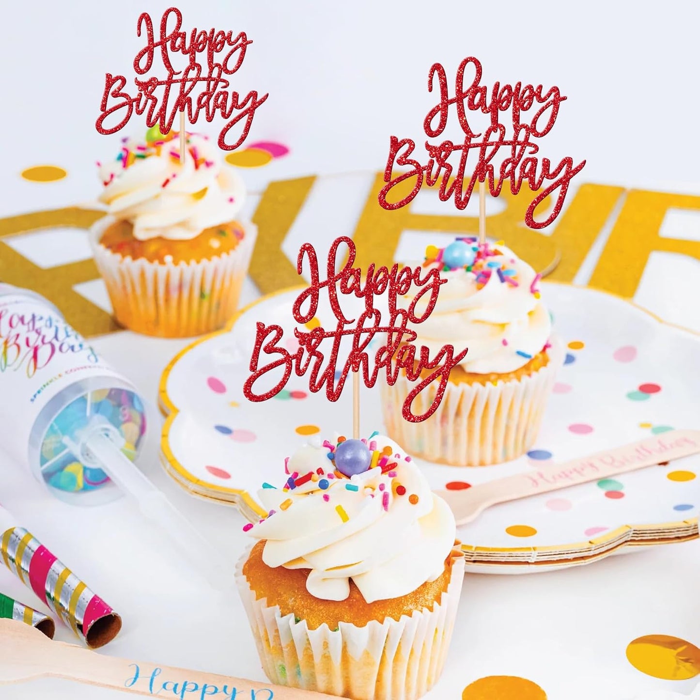 24 PCS Glitter Cupcake Toppers - Happy Birthday & Anniversary Picks - Red