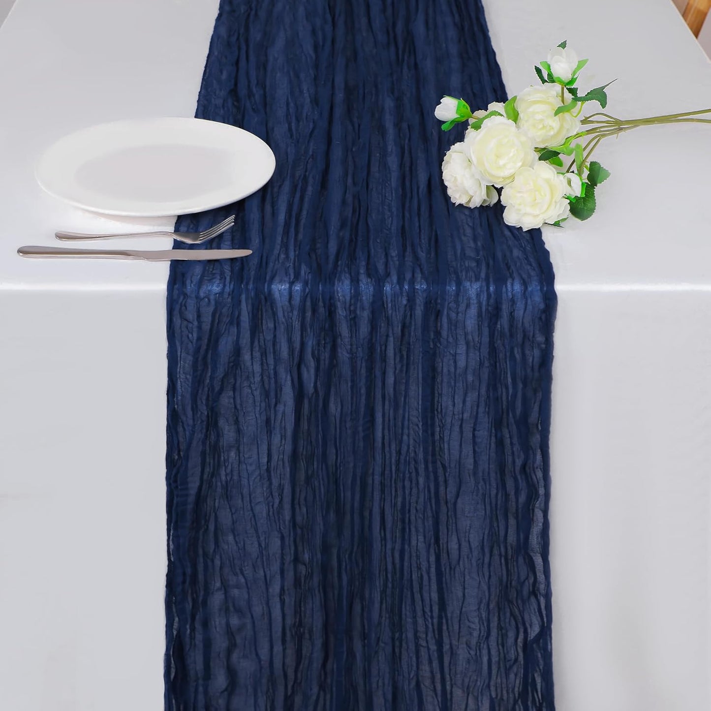 Snowkingdom 13Ft Navy Blue Cheesecloth Table Runner, 160inch Long Cheese Cloth Boho Gauze Runner for Christmas Wedding Bridal Baby Shower Birthday Holiday Party Sheer Table Decorations
