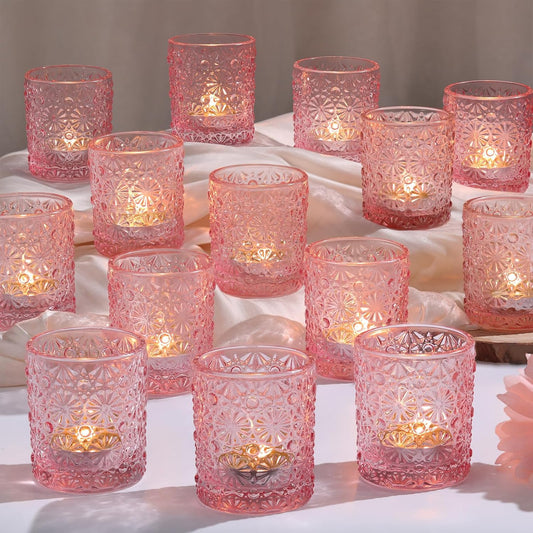 Pink Votive Candle Holder Set of 36, Flower Tea Lights Candles Holders for Wedding Table Centerpieces, Birthday Parties, Anniversary, Pink Bridal Shower and Holiday Decorations