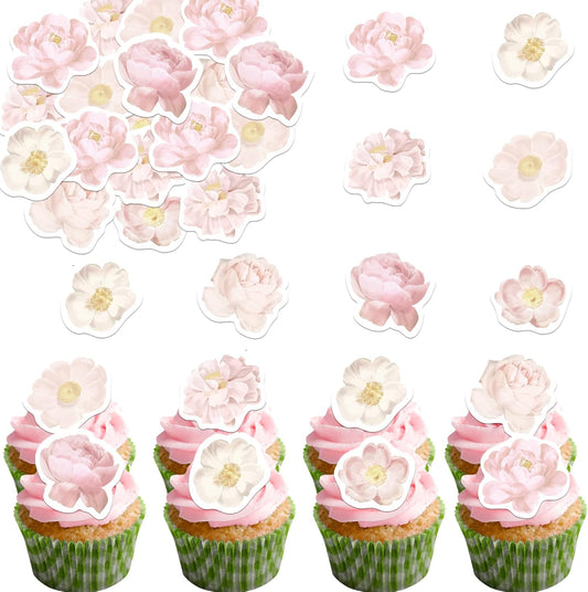 48PCS Edible Rose Flowers Cupcake Toppers Edible Pink Rose Flowers Cupcake Decor Wafer Paper Wedding Flowers Cupcake Picks for Flowers Theme Engagement Birthday Party Decor Supplies