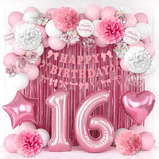 16th Birthday Decorations for Girls Pink Number 16 Balloon Bow Coquette Happy Birthday Banner Fringe Curtain Paper Pom Poms Star Heart Foil Pink White Balloons 16 Year Old Party Decor for Her