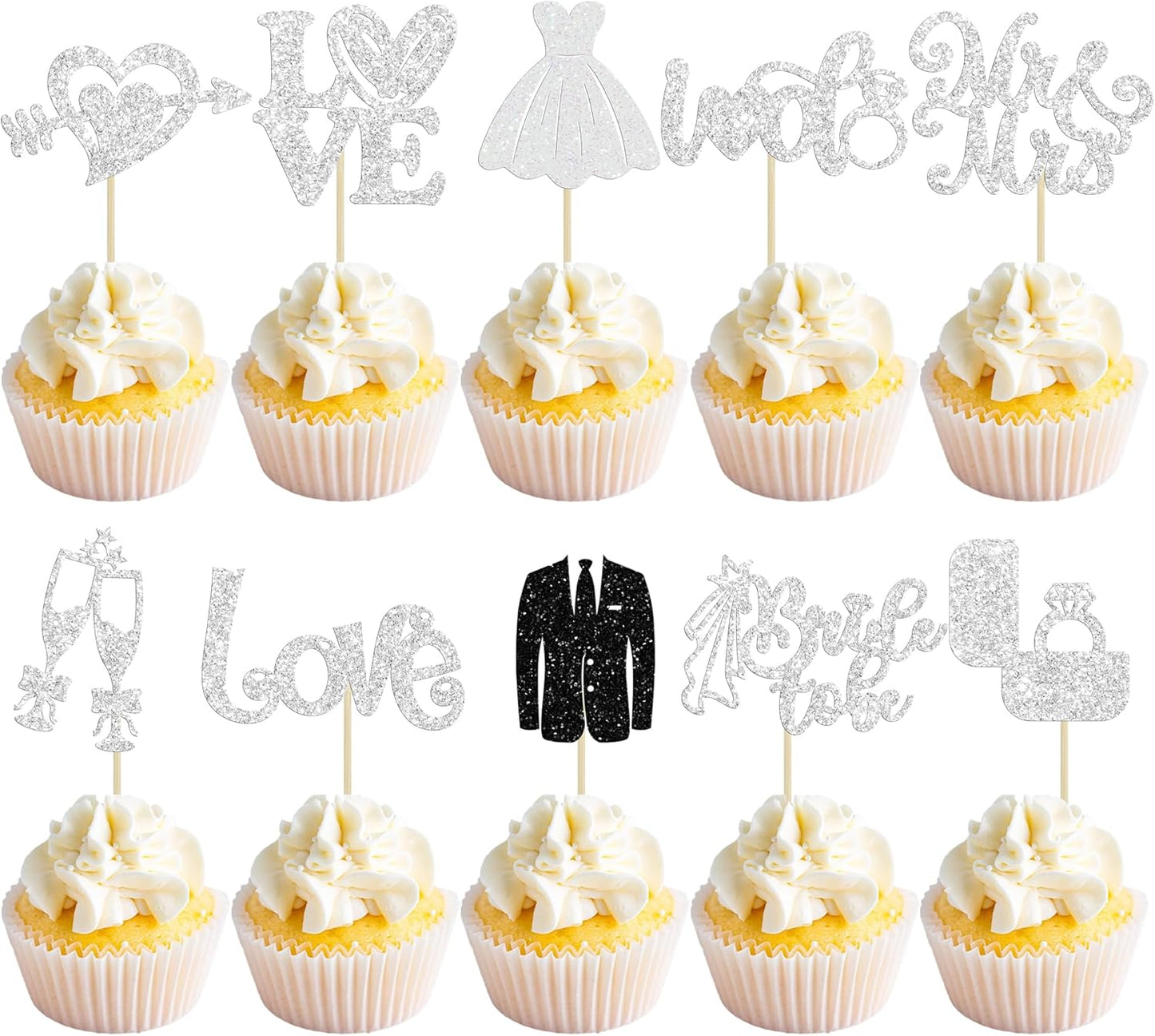 Ephlyn 30Pcs Bride to be Cupcake Toppers Glitter Diamond Ring Love I Do Cupcake Picks for Miss to Mrs Bridal Shower Wedding Engagement Bachelorette Cupcake Decorations Party Supplies Silver
