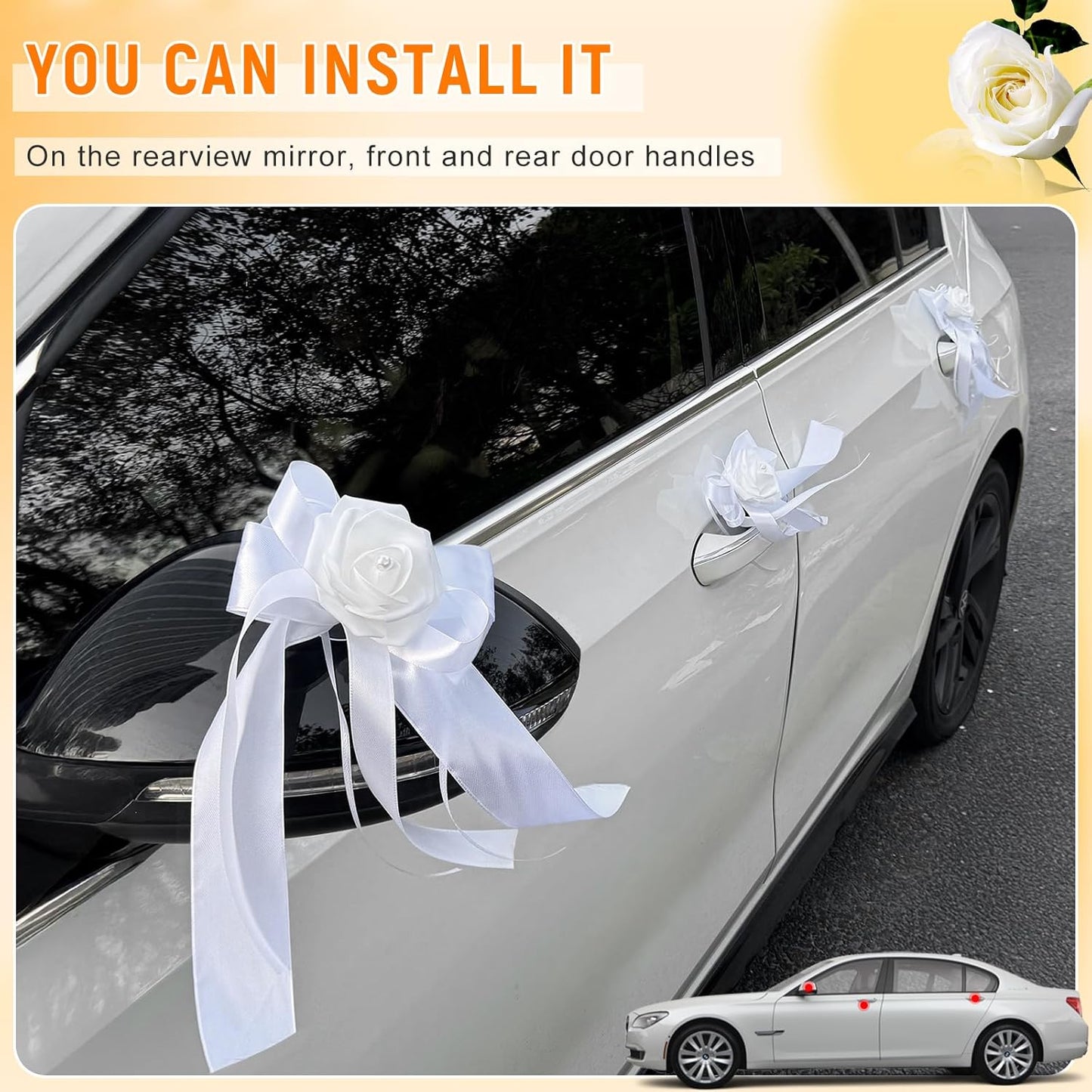 Wedding Car Decoration Flowers, Artificial White Bow Cars Decorative Flower Rose for Door Handles, Automotive Decorations Accessories for Women Men