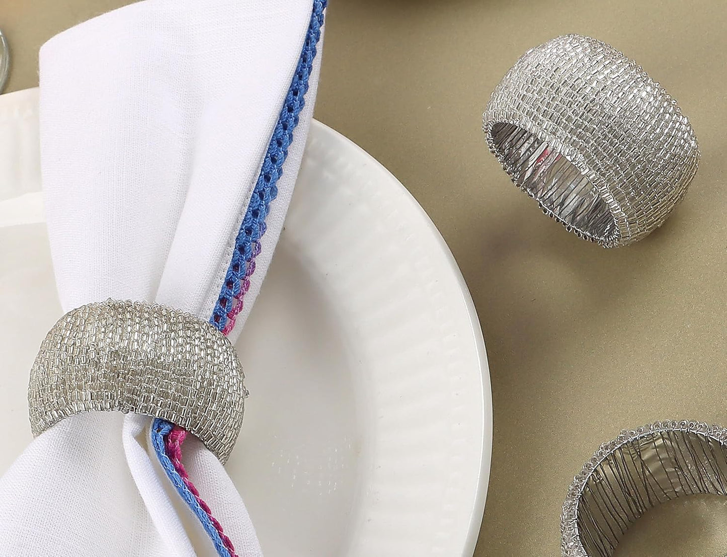 12 Pcs Beaded Napkin Rings - Rhinestone Napkin Buckles Glossy Napkin Bling Round Holders for Easter Holiday Wedding Banquet Home Party Dining Table Decoration (Silver) - CLEENTABLE