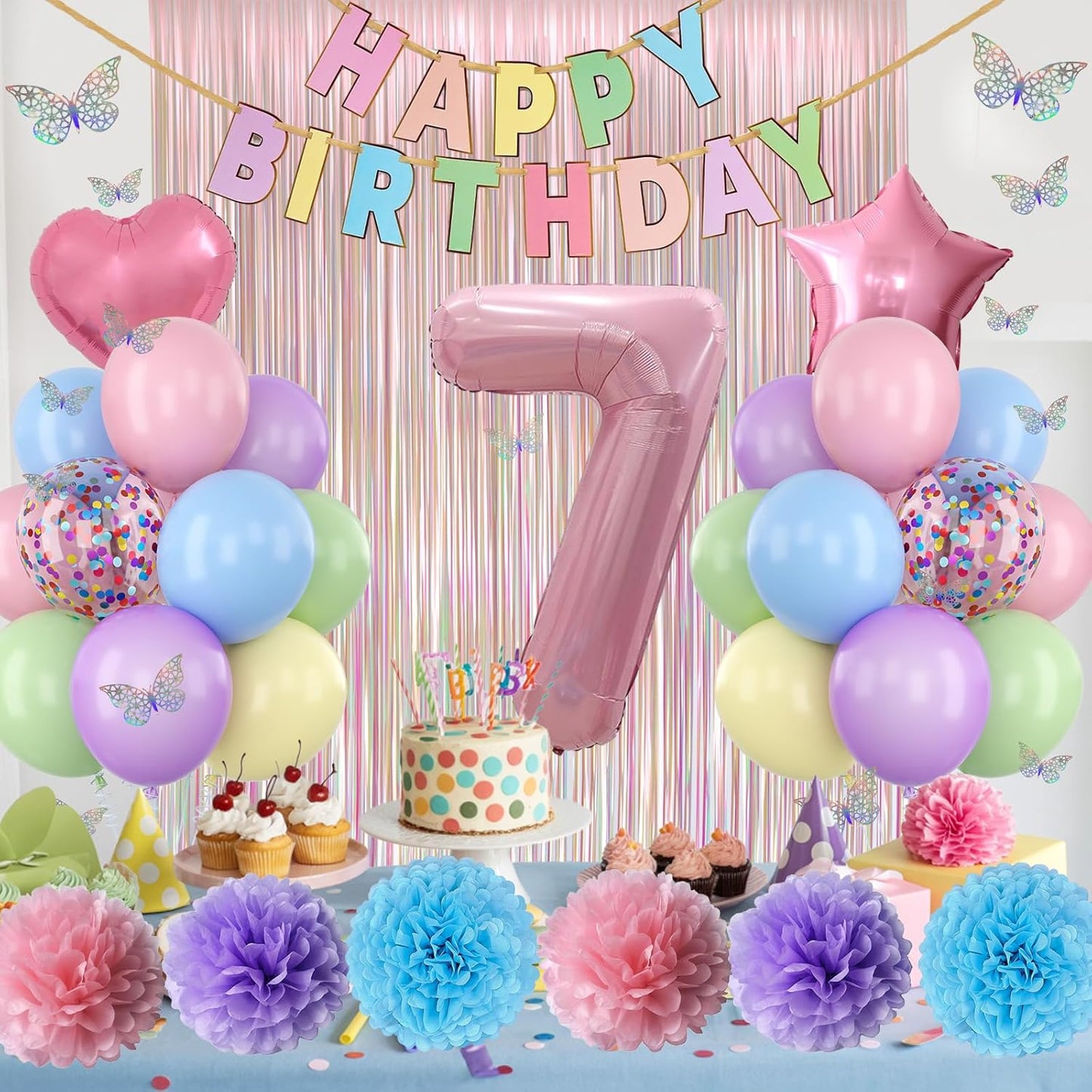 Pastel 7th Birthday Party Decorations for Girls Number 7 Balloon Happy Birthday Banner Butterfly Stickers Fringe Curtain Paper Pom Poms Macaron Pink Star Heart Foil Colorful Balloons 7 Year Old Decor