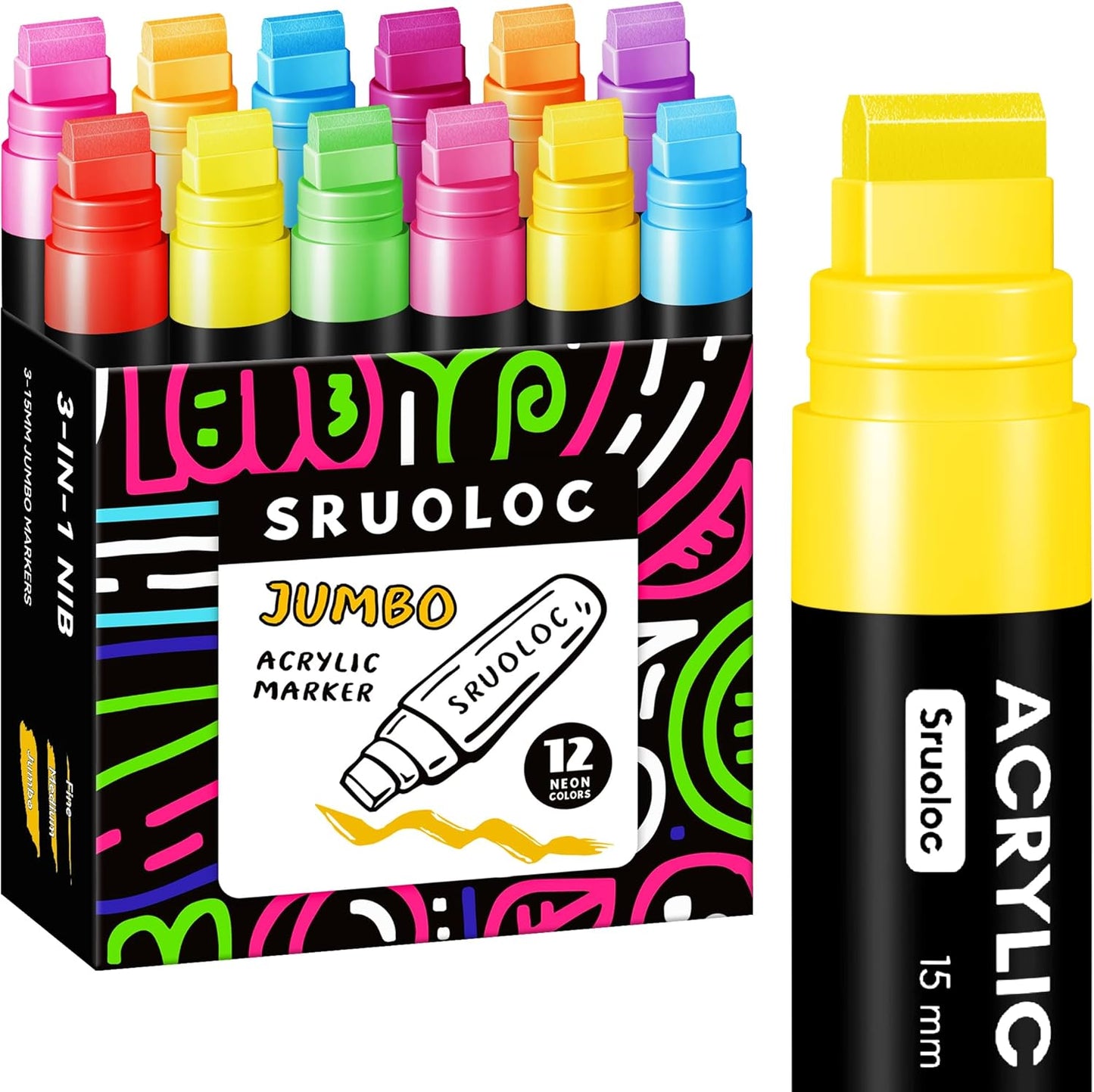 12 Neon Colors Jumbo Markers, 15mm Jumbo Felt Tip, Acrylic Paint Markers for Rock Painting, Poster, Stone, Ceramic, Glass, Wood, Canvas