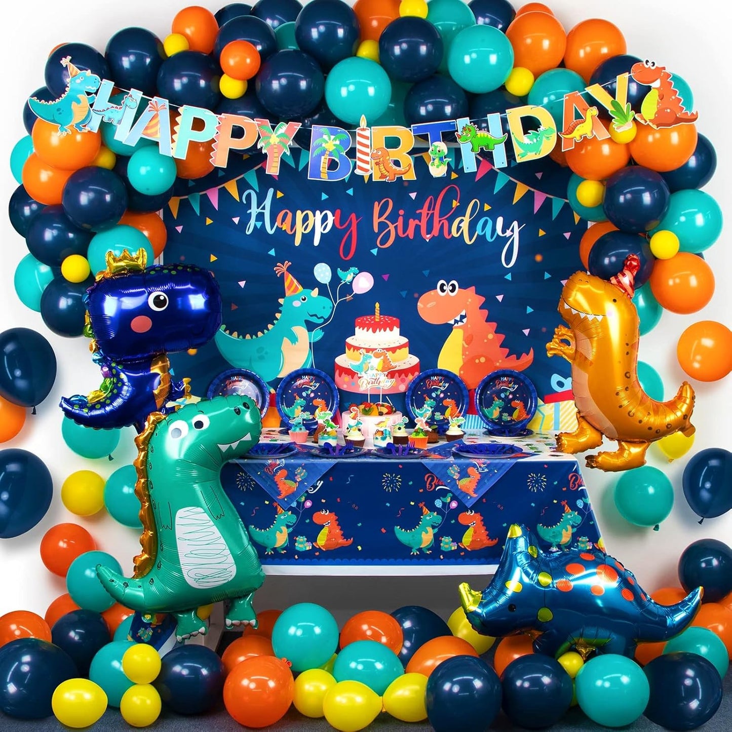 265 PCS Dinosaur Party Decorations, Blue Dinosaur Birthday Party Supplies for Boys Include Dino Balloons, Customized Backdrop, Happy Birthday Banner, Tablecloth, Plates, Cake Toppers