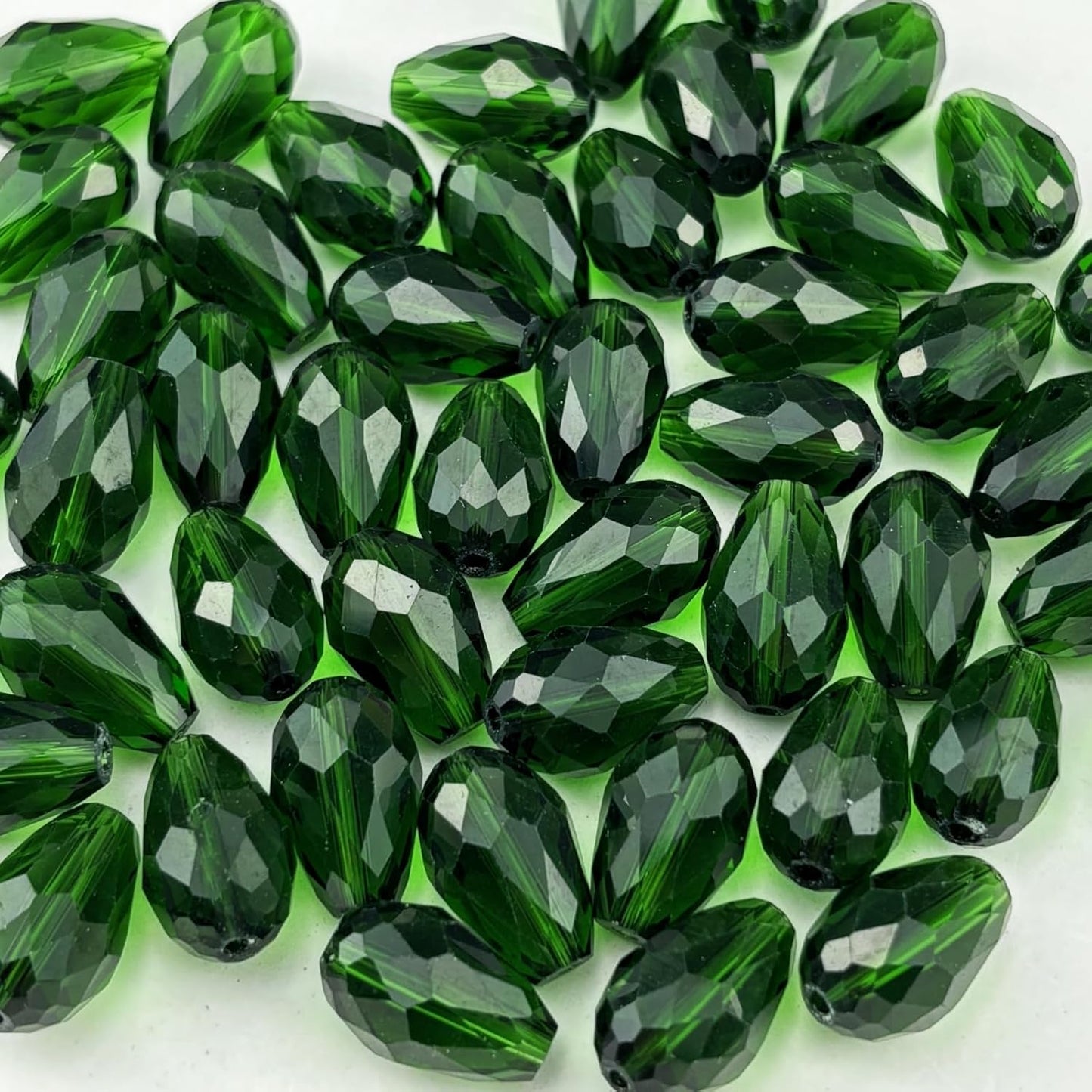 50pcs 10x15mm Teardrop Crystal Glass Beads for Jewelry Making, Faceted Vertical Hole Teardrop Glass Spacer Beads for Wind Chimes Bracelet Earring Necklace DIY Craft(Dark Green)
