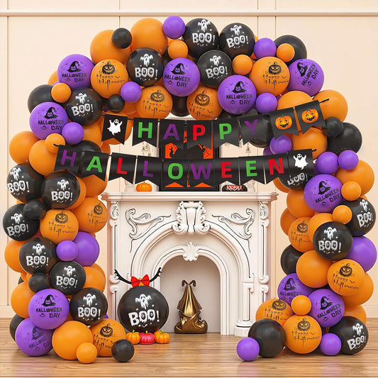 Halloween Party Balloons Kit 60-Pack 12inch Orange Black Purple Halloween Balloons with Ribbons for Party Balloons Decorations Theme Party Background Classroom Indoor and Outdoor Party