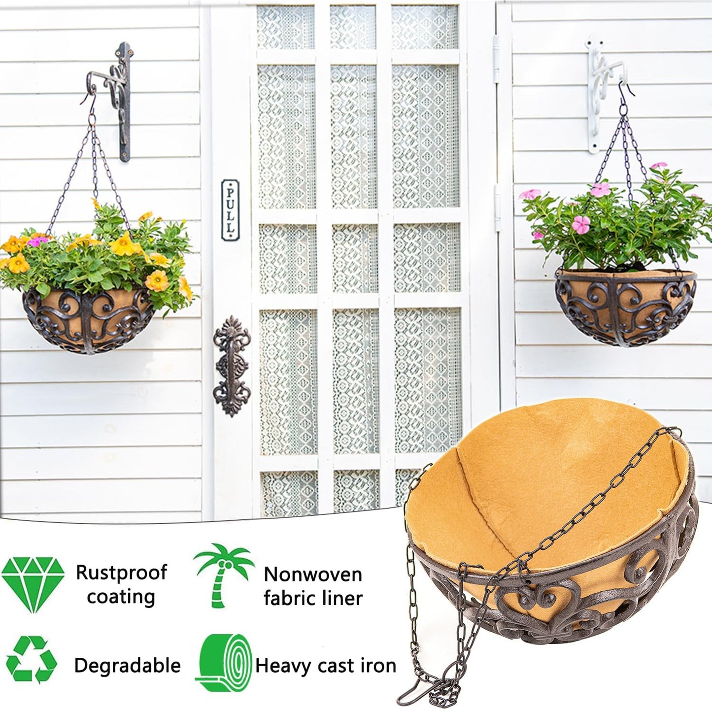 Sungmor 2PC 11" Dia. Large Cast Iron Hanging Baskets w/Fabric Liner, Rustic Brown Heavy-Duty Outdoor Hanging Planters Plant Pot Holders, Garden Yard Terrace Patio Porch Decorative Metal Flower Basket