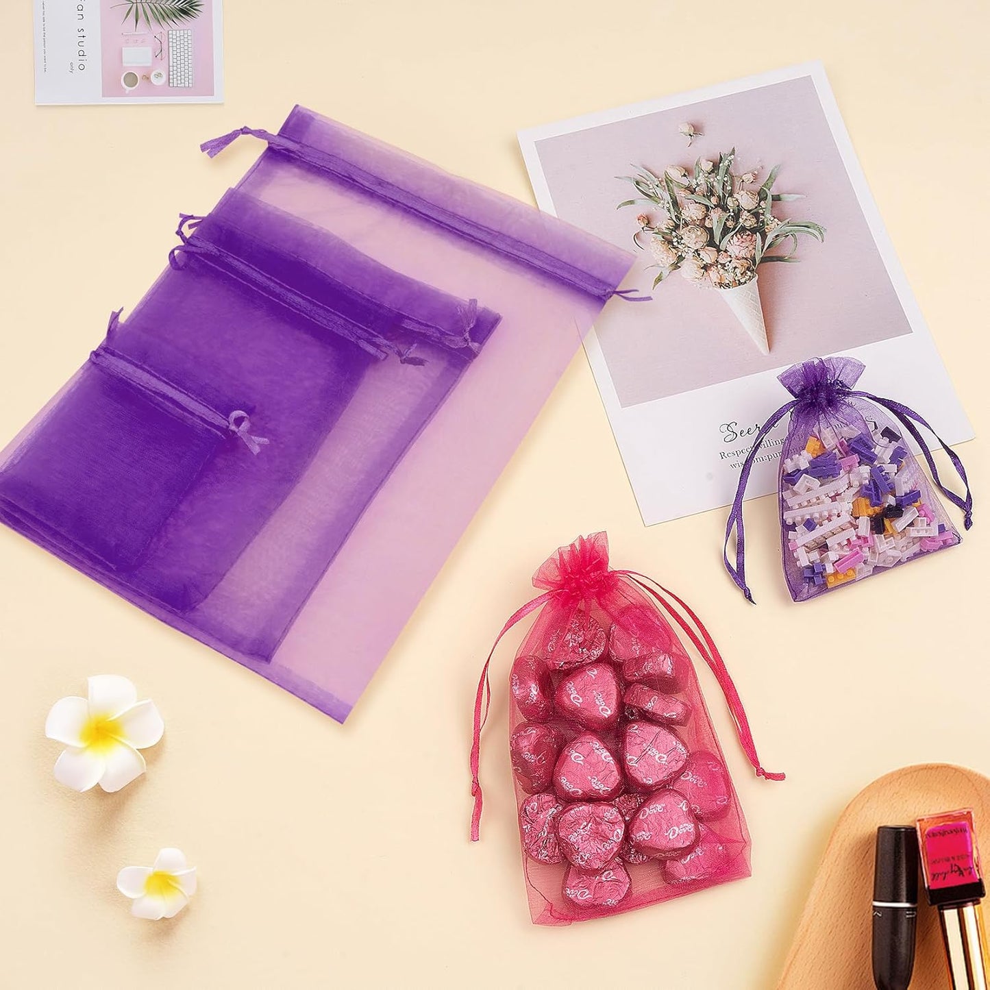 Organza Bags 50 Packs 3x4 Inch, Elegant Small Mesh Gift Pouches, Sachet Jewelry Bags Drawstring for Halloween Treat Party Favor (Purple)