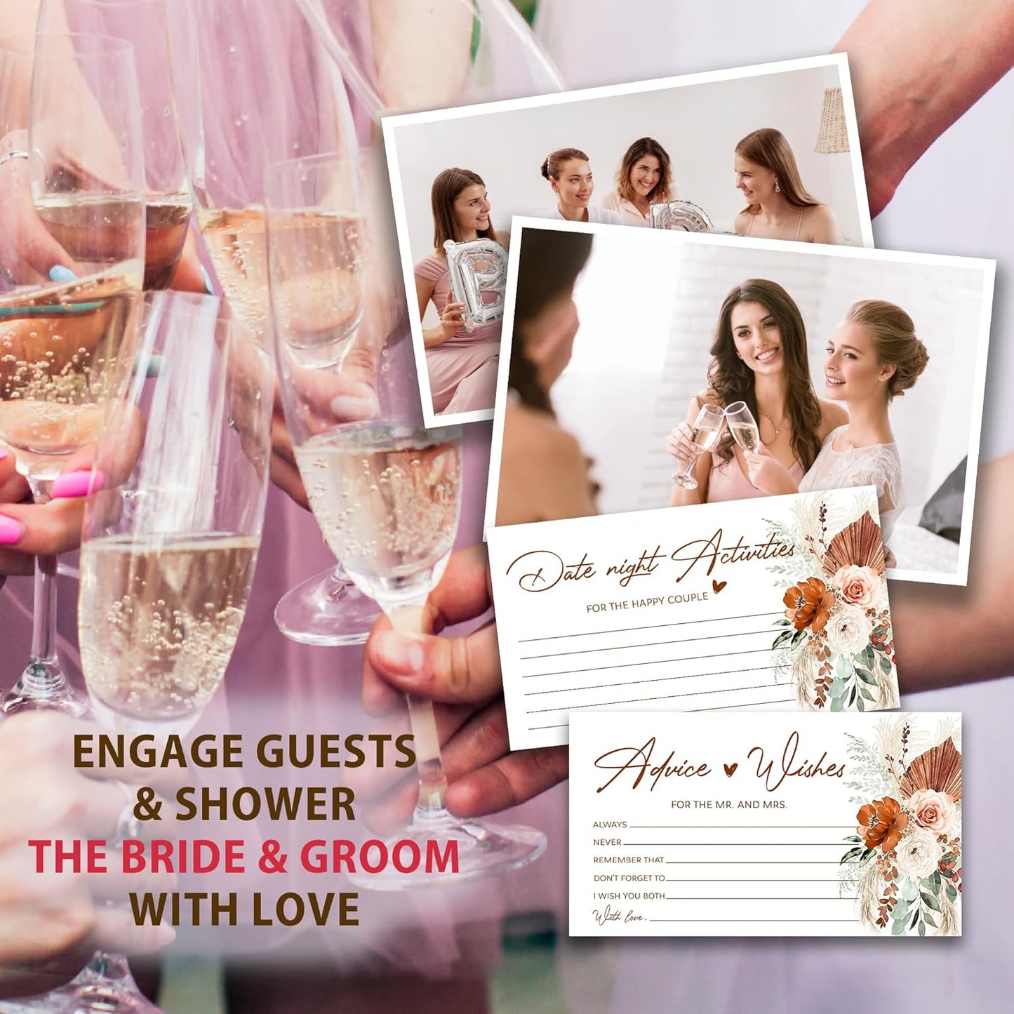 Boho Advice and Wishes for the Mr and Mrs - 50 Packs Wedding Advice Cards Bridal Shower Game Cards with Box Reception Guest Book for Bride Groom Newlywed Engagement Party Decoration -A08