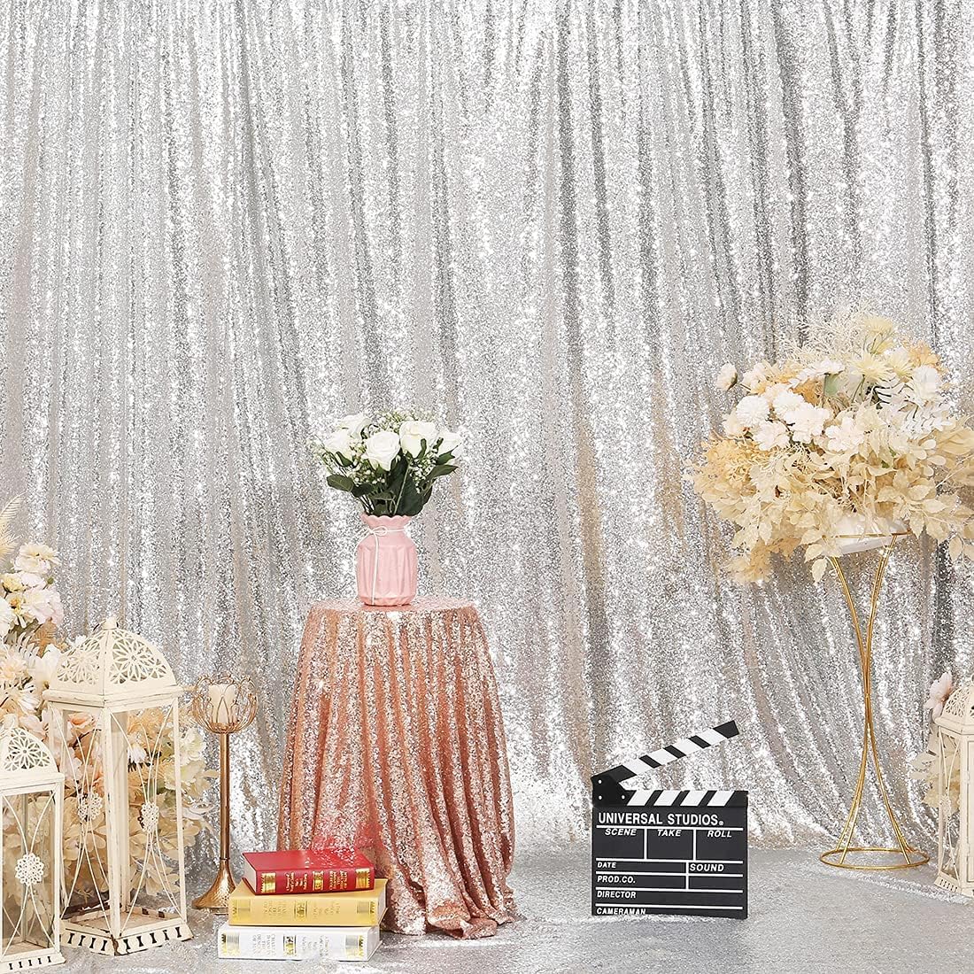 Poise3EHome 8FT x 8FT Silver Sequin Photography Backdrop Curtain for Party Decoration, Silver