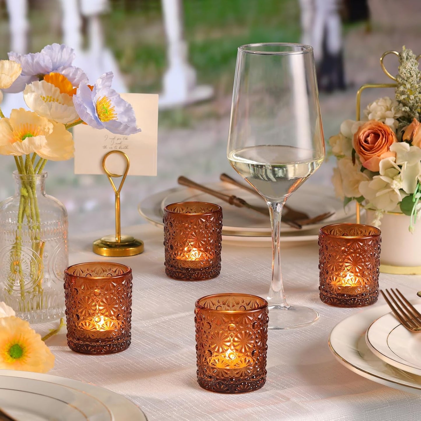 Amber Votive Candle Holder Set of 36, Flower Tea Lights Candles Holders for Wedding Table Centerpieces, Birthday Parties, Anniversary, Bridal Shower and Holiday Decorations