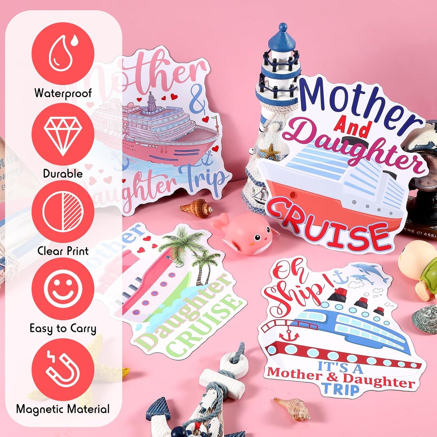 Hoteam 4 Pcs Mother Daughter Cruise Door Decorations Magnetic Large Cruise Ship Door Magnets Funny Waterproof Nautical Magnets for Carnival Cabin Stateroom Fridge Car