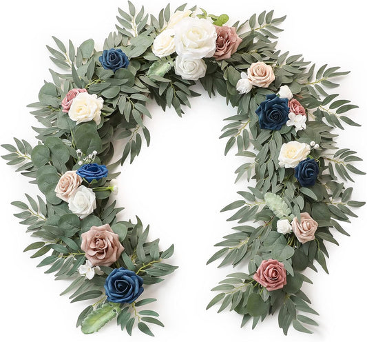 Floroom 6ft Artificial Eucalyptus Garland with Flowers Fake Greenery Faux Floral Vine Garland for Table Decor Wedding Centerpieces Bridal Shower Party Decorations, Dusty Rose & Navy