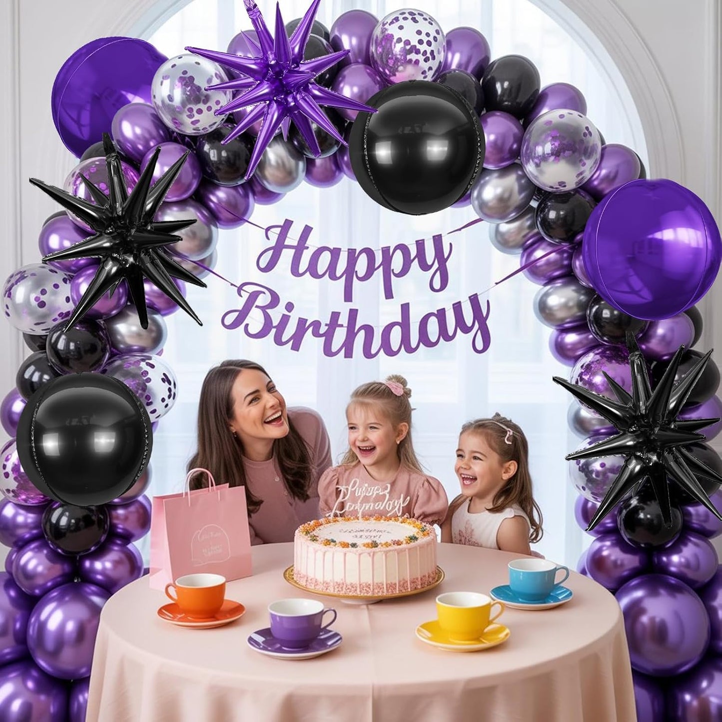 6Pcs Black Purple Foil Balloons,22Inch Purple Black 4D Round Ball Balloon and Explosion Star Balloon for Birthday Wedding Baby Shower Anniversary Party Decorations