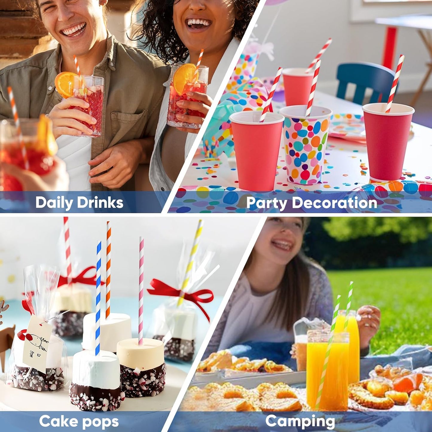 [100 Counts] 7.75 Inch Colorful Striped Disposable Paper Drinking Straws, 10 Assorted Colors, Compostable - for Cocktail, Party, Cake Pops, Crafts