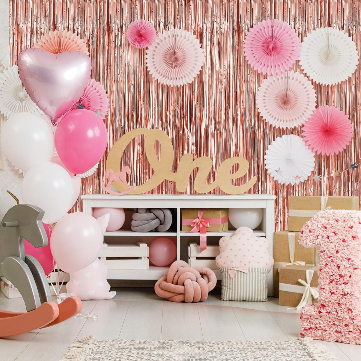 Crosize 3 Pack Rose Gold Foil Fringe Backdrop Curtains, 3.3 x 9.9 ft, Party Decorations
