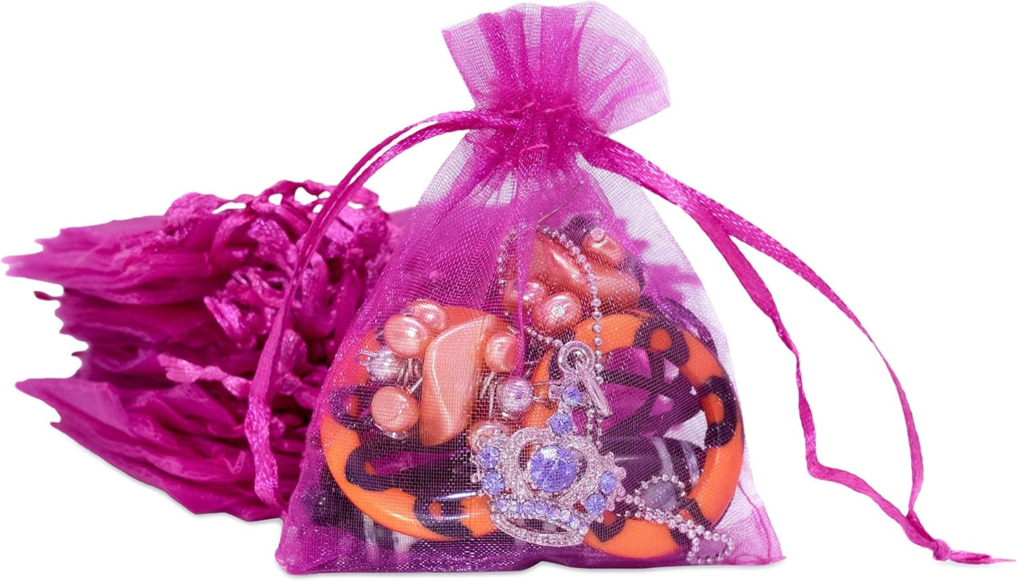TheDisplayGuys 100-Pack 3x4 Hot Pink Sheer Organza Gift Bags with Drawstring, Jewelry Candy Treat Wedding Party Favors Mesh Pouch
