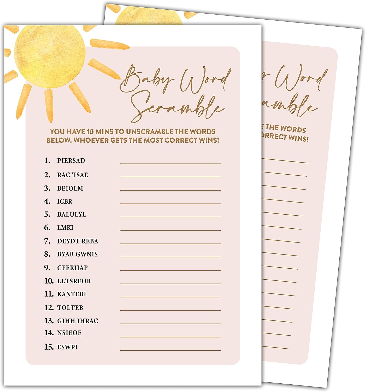 Boho Sunshine 30 Baby Word Scramble Game Cards with 1 Answer Card, Gender Reveal Party Supplies Favors (5"x7") - D01