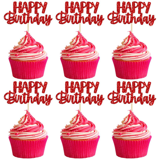 Gyufise 24pcs Happy Birthday Cupcake Toppers - Glitter Cupcake Food Picks for Celebrating Theme Party Cake Decorations - Red