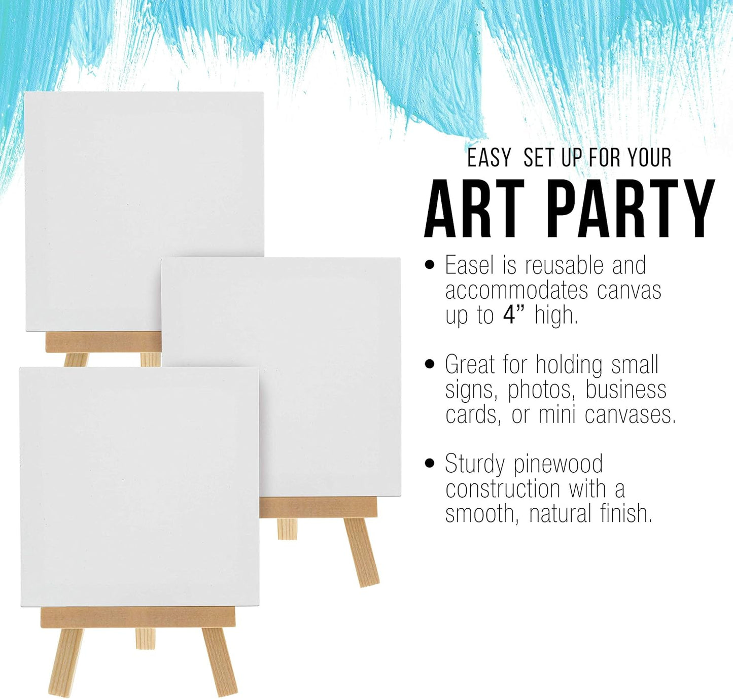 U.S. Art Supply 3" x 3" Stretched Canvas with 5" Mini Easel Kit (12 Pack) - Natural Wooden A-Frame Tabletop Display Stand, Mini Easel Stand - Small Easels for Display, Small Canvases, Crafts, Photos