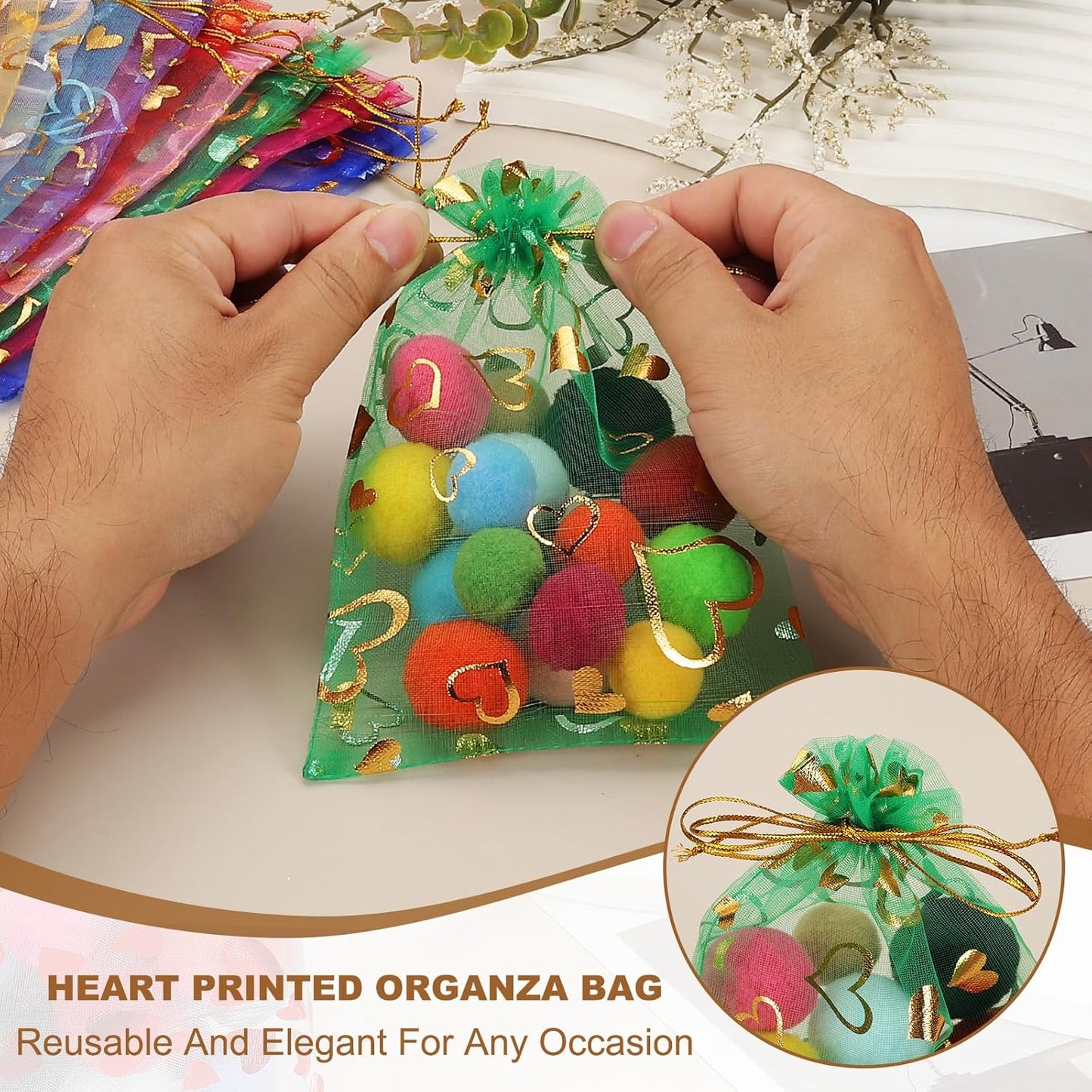 PATIKIL 100 Pcs 5x7 Inch Heart Printed Organza Bags, Orange Sheer Heart Organza Bags with Drawstring for Christmas Candy Jewelry Party Wedding Favor Gift