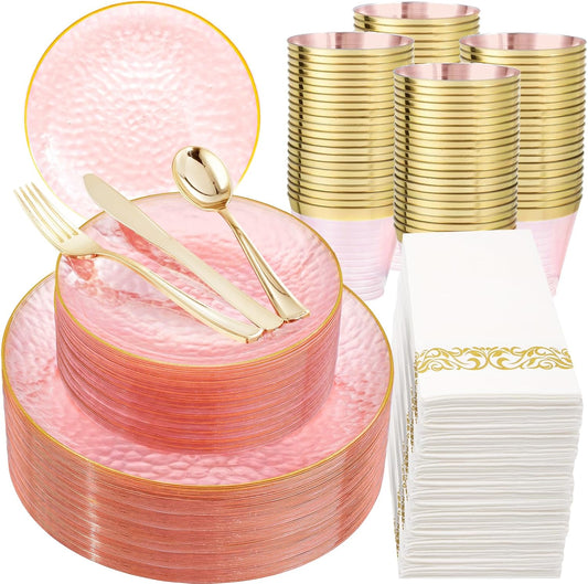 Rubtlamp 350 Pcs Clear Pink Plastic Plates, Pink Gold Plastic Dinnerware Set (50 Guests), Disposable Plates With Gold Rim, Hammered Party Plates Set for Wedding And Party