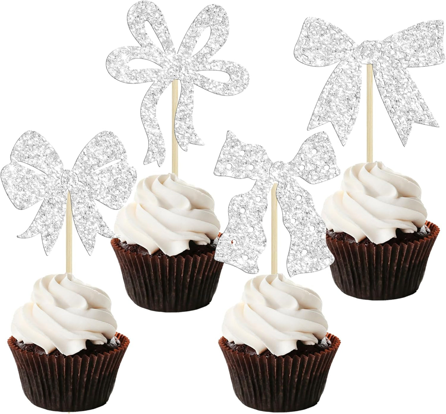 Ephlyn 24pcs Silver Bow Cupcake Toppers for Birthday, Baby Shower, Bridal Shower, Wedding, Bachelorette Party