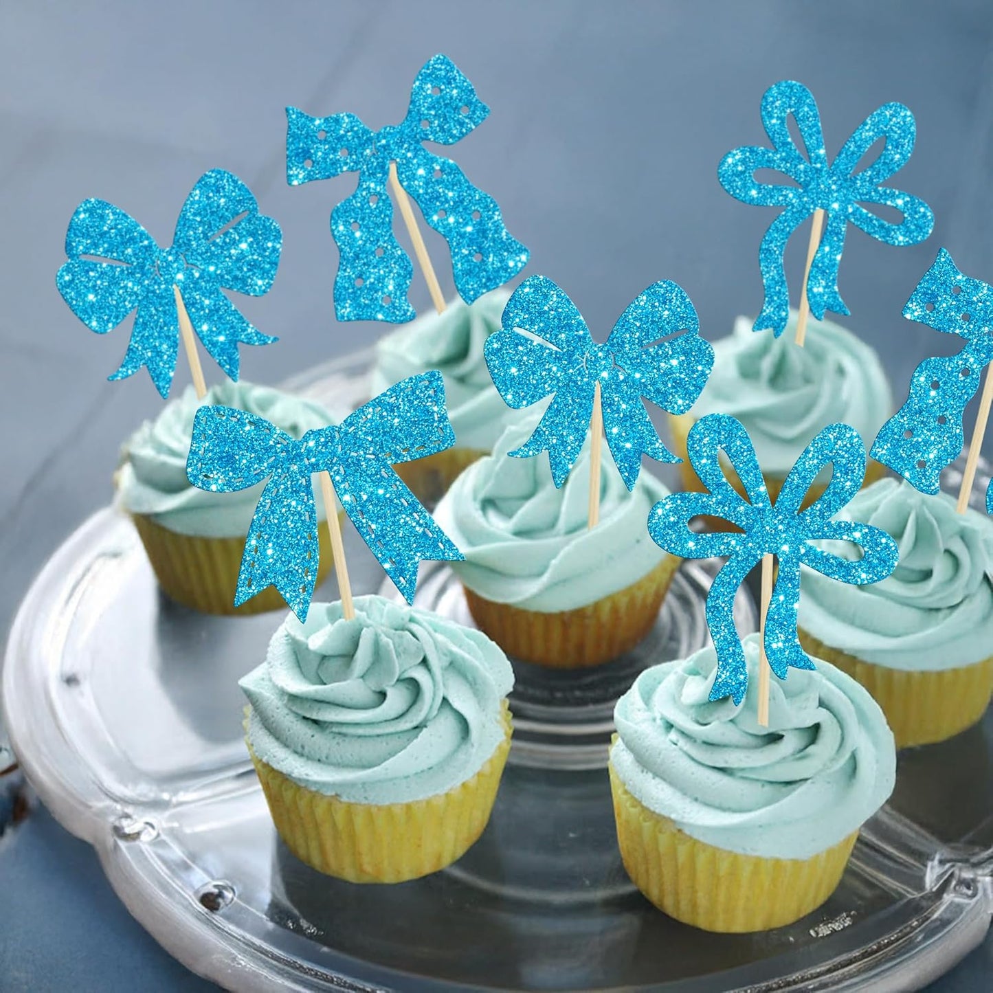 Ephlyn 24Pcs Bow Cupcake Toppers Bow Birthday Cake Topper Girls Birthday Party Decorations Bowknot Cupcake Decorations for Bridal Baby Shower Birthday Wedding Themed Party Blue