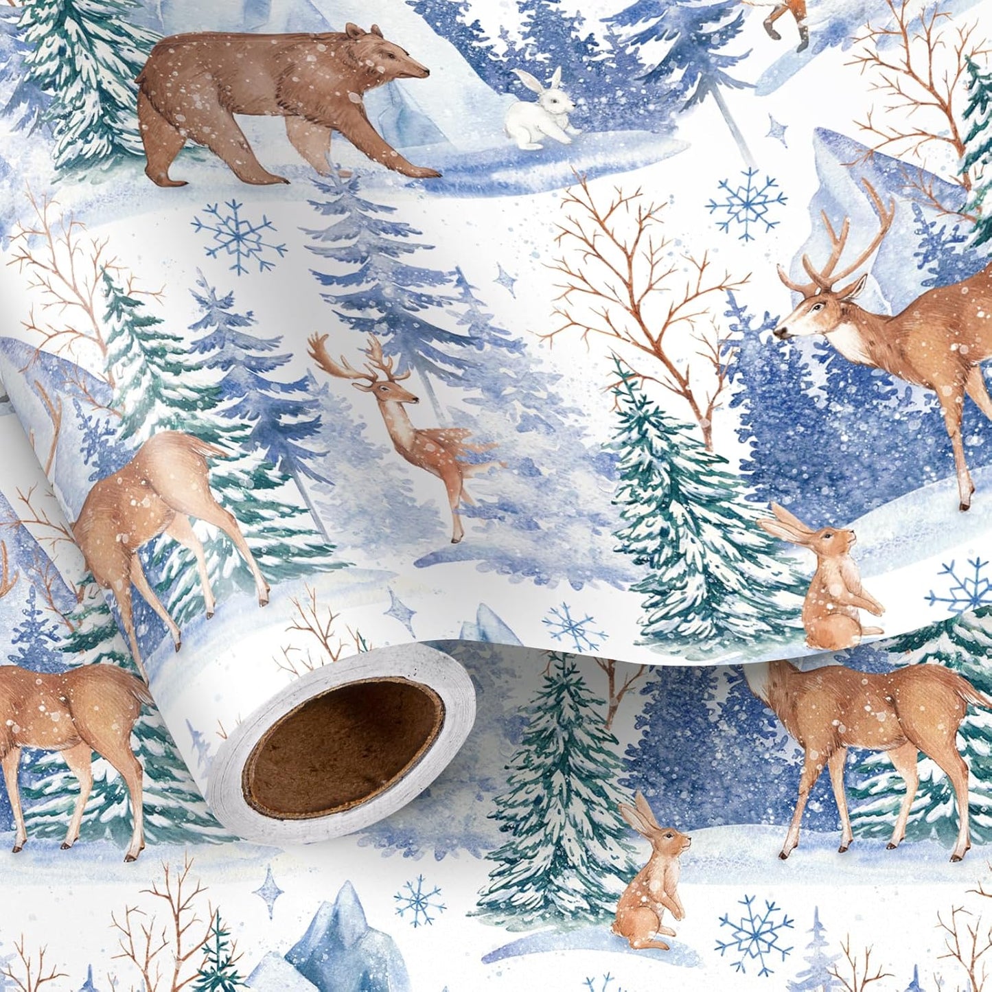 LeZakaa Christmas Wrapping Paper Roll, Winter Forest Animal Gift Wrap with Deer Bear Rabbit Snowflake Design, Watercolor Style, for Xmas Presents Family Gatherings, Holiday, Mini Roll 17 in x 16.4 Ft