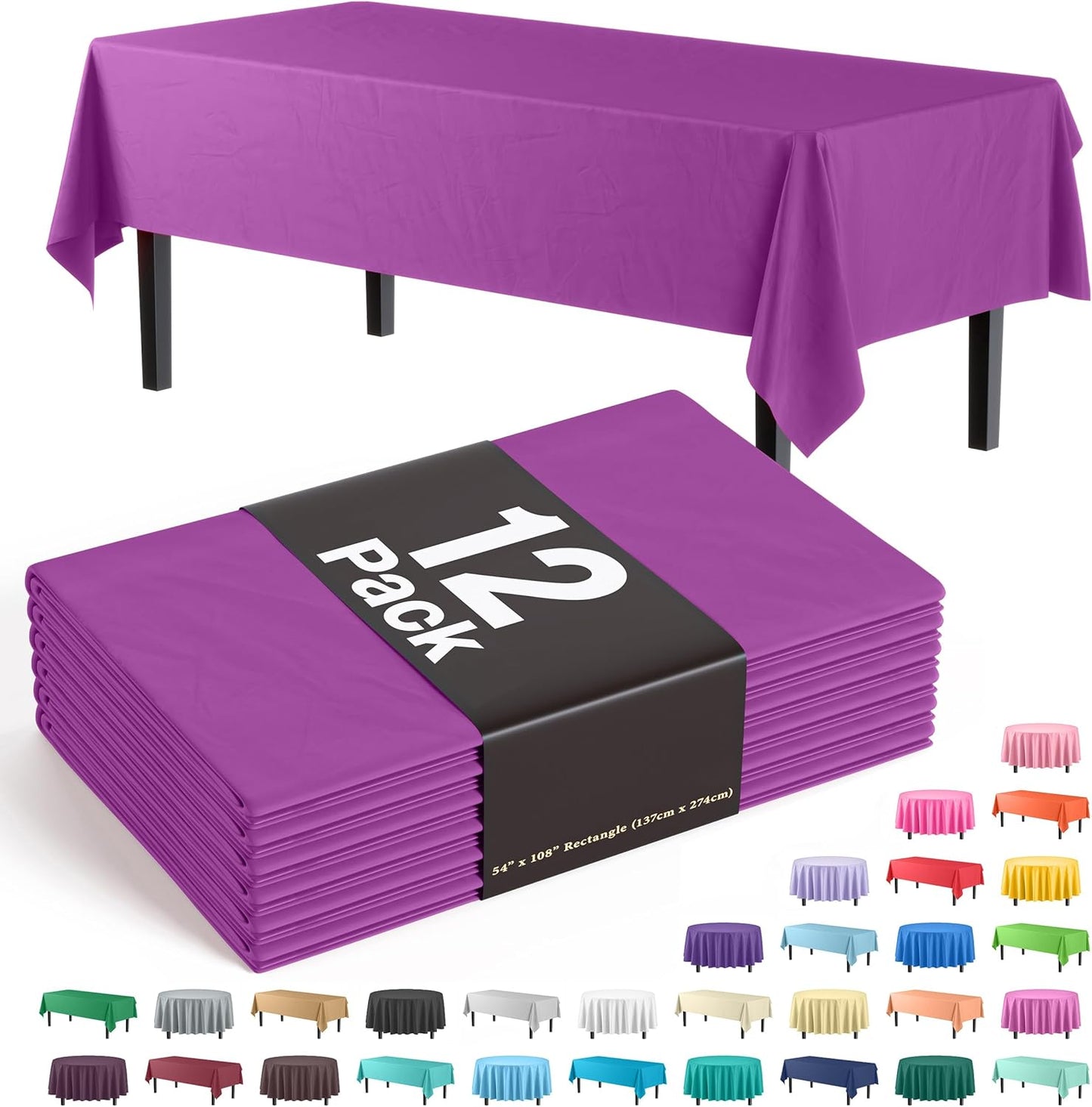 Exquisite 12-Pack Premium Plastic Tablecloth 54in. x 108in. Rectangle Table Cover - Magenta