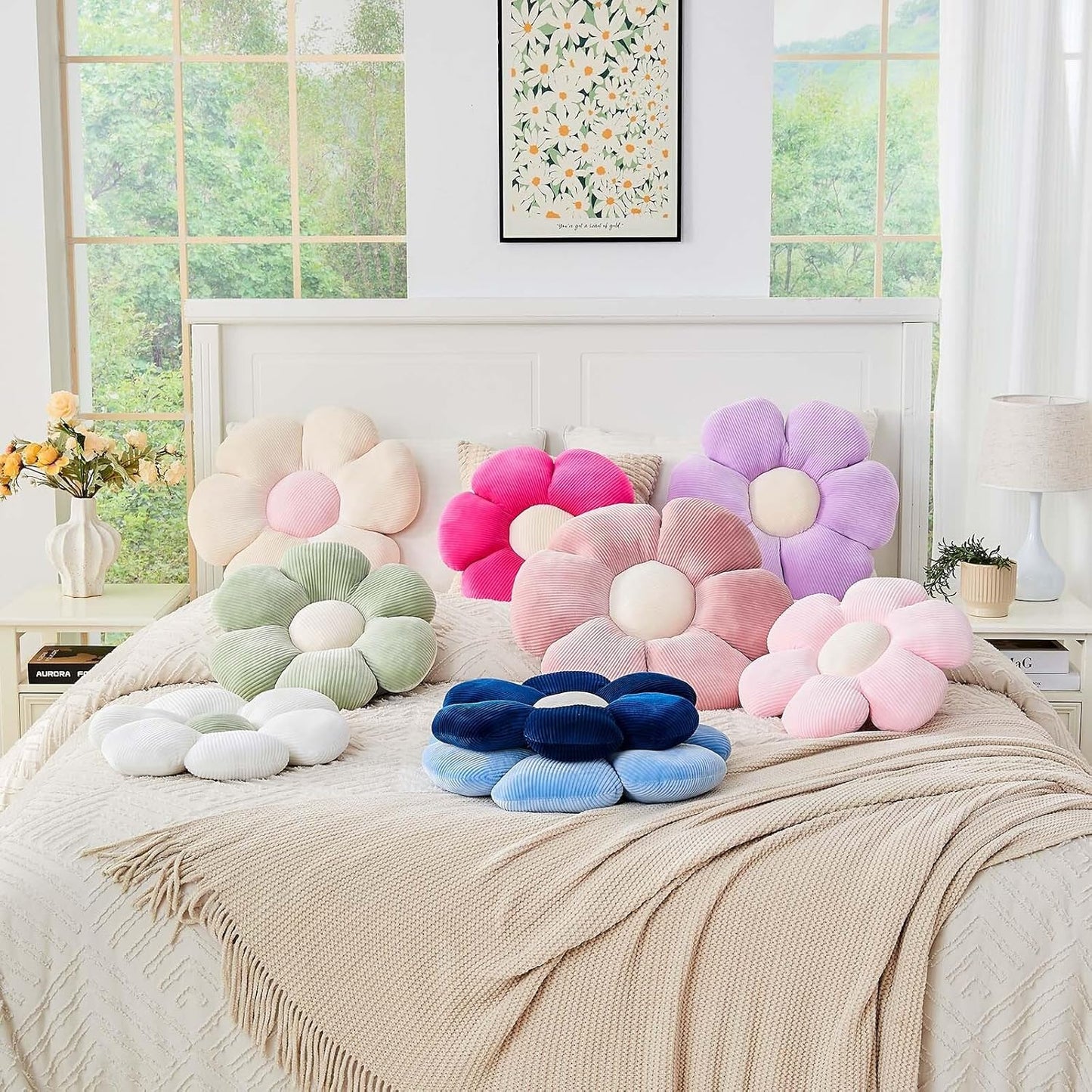 Dusty Blue Flower Pillow, 19.6" Cute Flower Shaped Floor Pillow, Aesthetic Floral Plush Daisy Decorative Throw Pillows for Bed Sofa Couch