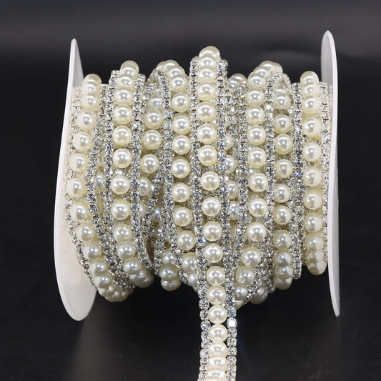 Jerler Rhinestone Trim Applique 5 Yards 2 Rows Crystal Chain Banding Diamond Inlaid White Pearl Beaded Rhinestones for Crafts Clothing and Bridal Embellishments Wedding Ideas Christmas Decorations