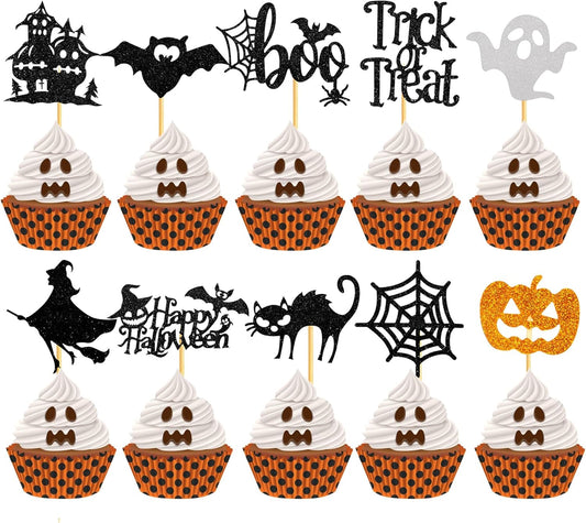 60Pcs Halloween Cupcake Toppers, Bat Pumpkin Ghost Cupcake Decorations for Halloween Party Supplies, Black Multi Style1