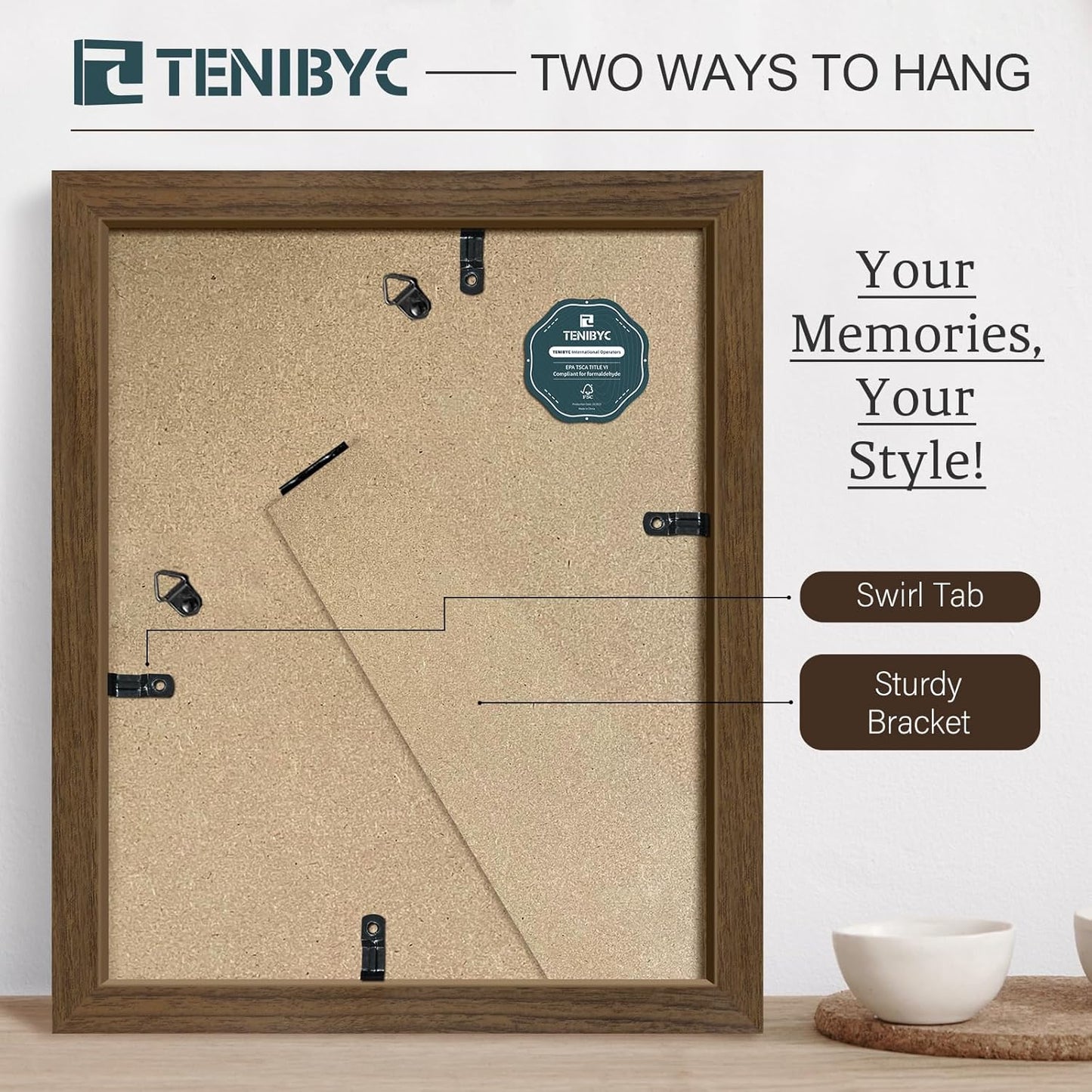 8x10 Picture Frame Set - 3 Pack, Brown Woodgrain, Wood Photo Frame, HD Tempered Glass, Gallery Photo Frame, Table or Wall Display