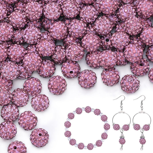 200pcs 10mm Light Purple Rhinestone Beads for Jewelry Making, Shiny Round Shamballa Disco Ball Beads, Sparkle Crystal Clay Christmas for Bracelet Baseball Necklace Earring Crafting and DIY