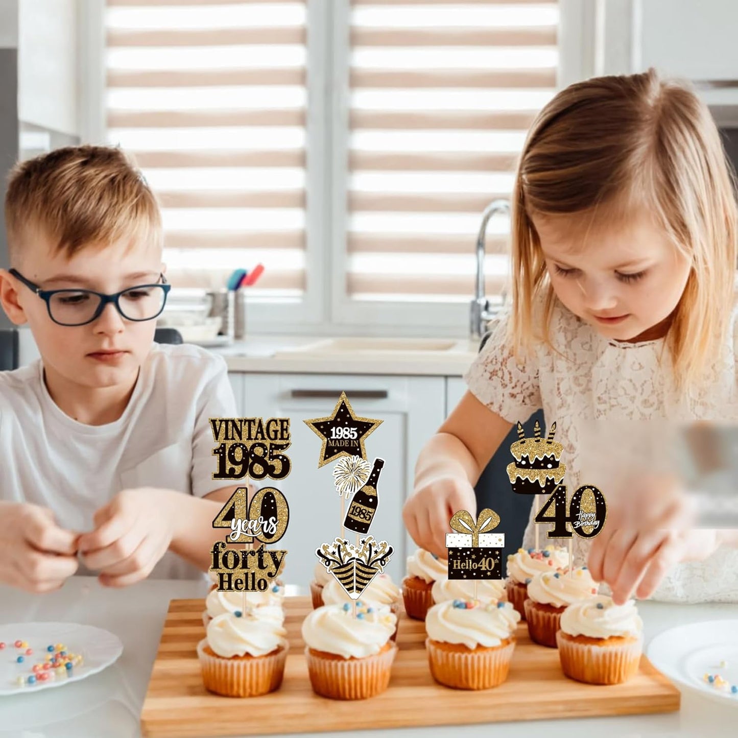 36PCS Happy 40th Birthday Cupcake Toppers Double Sided Black Gold Forty Hello 40 Vintage 1985 Cupcake Picks Cheers to 40 Years 40 Fabulous Cake Decorations for 40th Birthday Party Supplies
