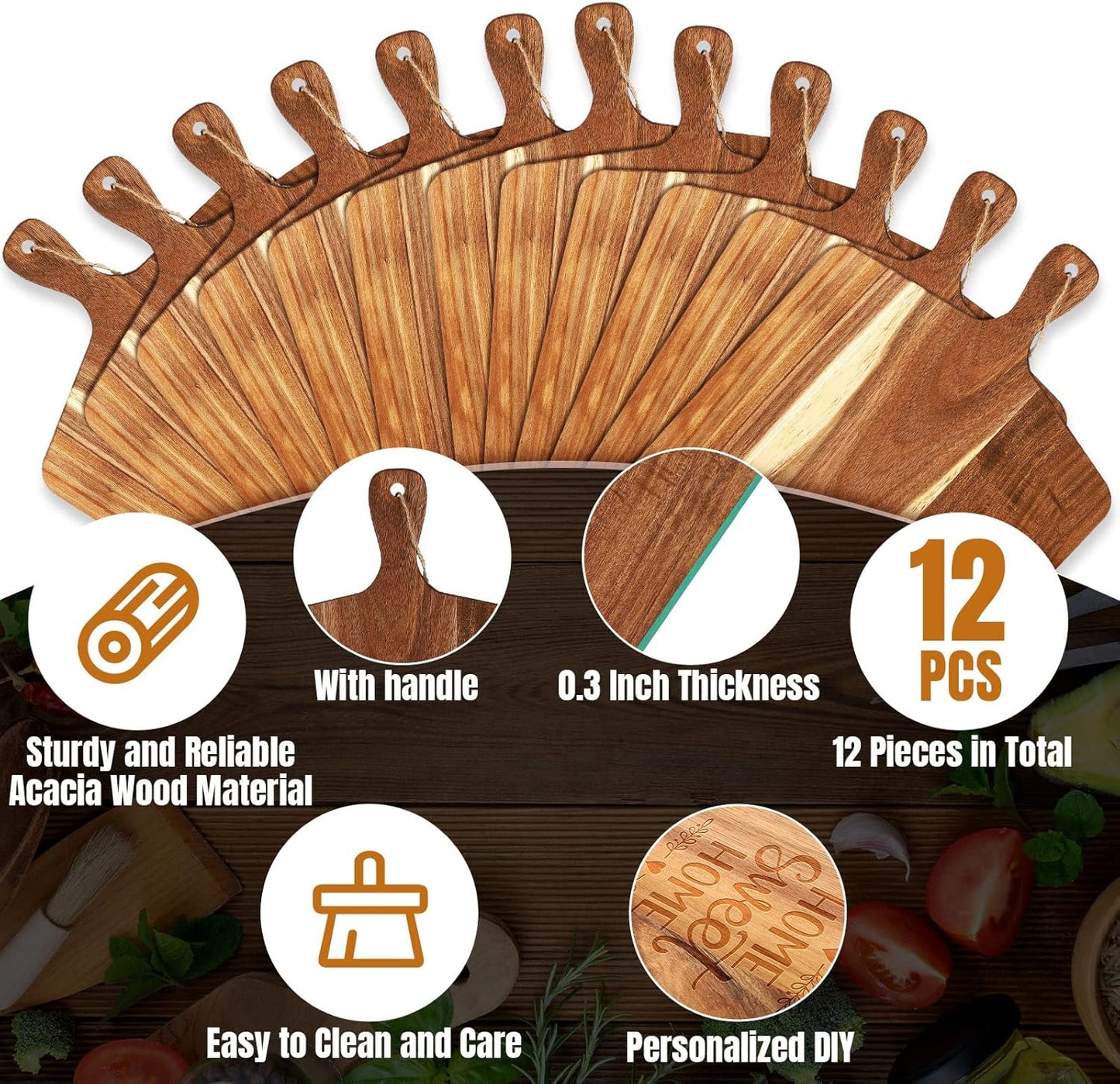 Patelai 12 Packs Wooden Cutting Board Set with Handles Large Kitchen Serving Plain Chopping Board Bulk Gifts for Mom for Vegetables Meat Pizza Cheese Fruit Bread(Acacia Wood,17 x 13 Inch)