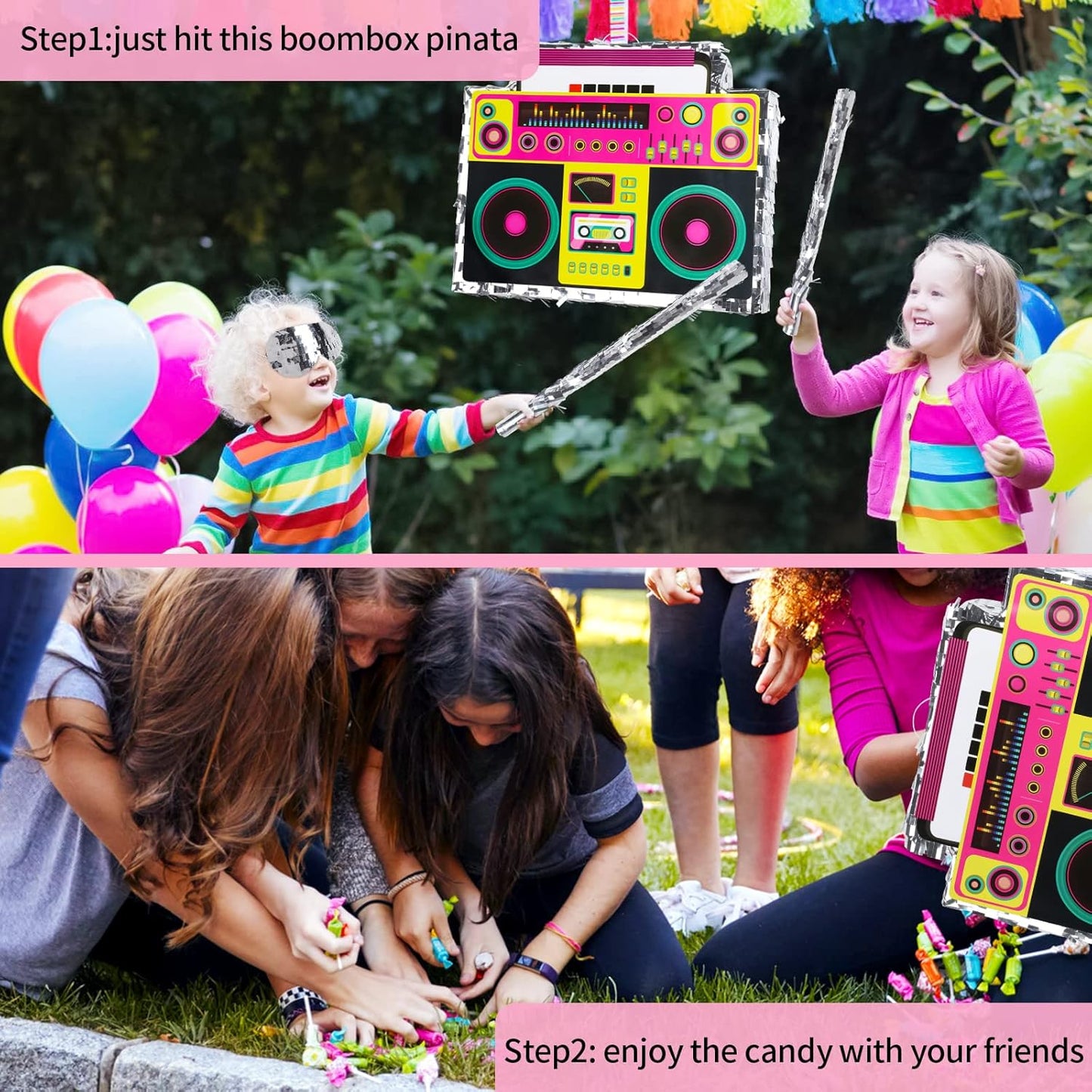 Boombox Pinata with Stick & Hanging Loop Retro 90s Hip Hop Mexican Pinata Game for Back to the 80s Party Nostalgia Large Radio Gifts 70' Theme Birthday Party Decorations Supplies