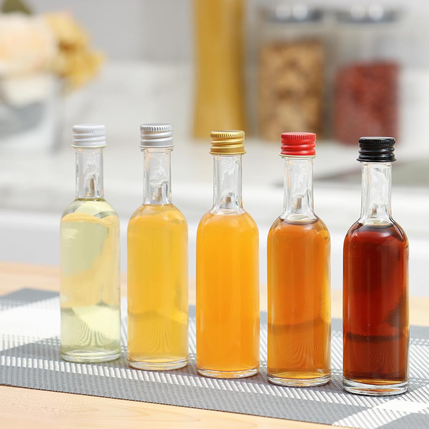 50 ml Mini Small Glass Bottles With Aluminum Lid and Heat Shrinks 24 Pack (Black Caps) for Liquor Sauce Party Favors Beverage