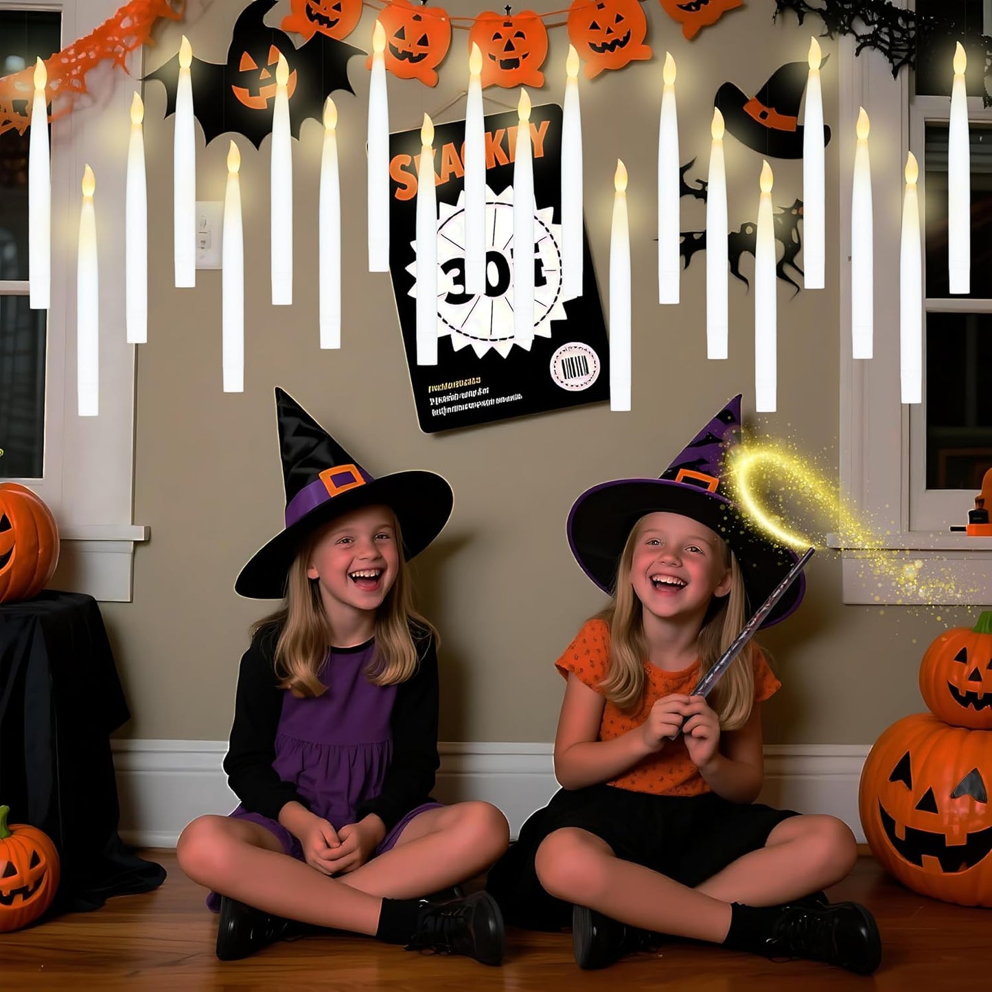 JOYIN 20Pcs Halloween Floating Candles with Wand Remote Flickering Warm Light Taper Magic Hanging Candles with 2 Light Mode and Timer Flameless LED Candle for Halloween Window Decorations Party Gift