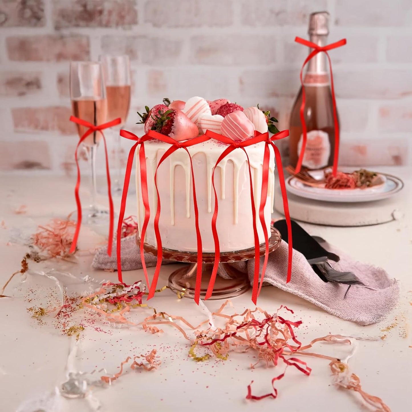 Ephlyn 30Pcs Bow Cupcake Toppers Valentine's Bowknot Ribbons Coquette Bow High Footed Cup Balloon Wall Party Decorations Cake Dessert Picks Baby Girl Birthday Wedding Party Supplies Red