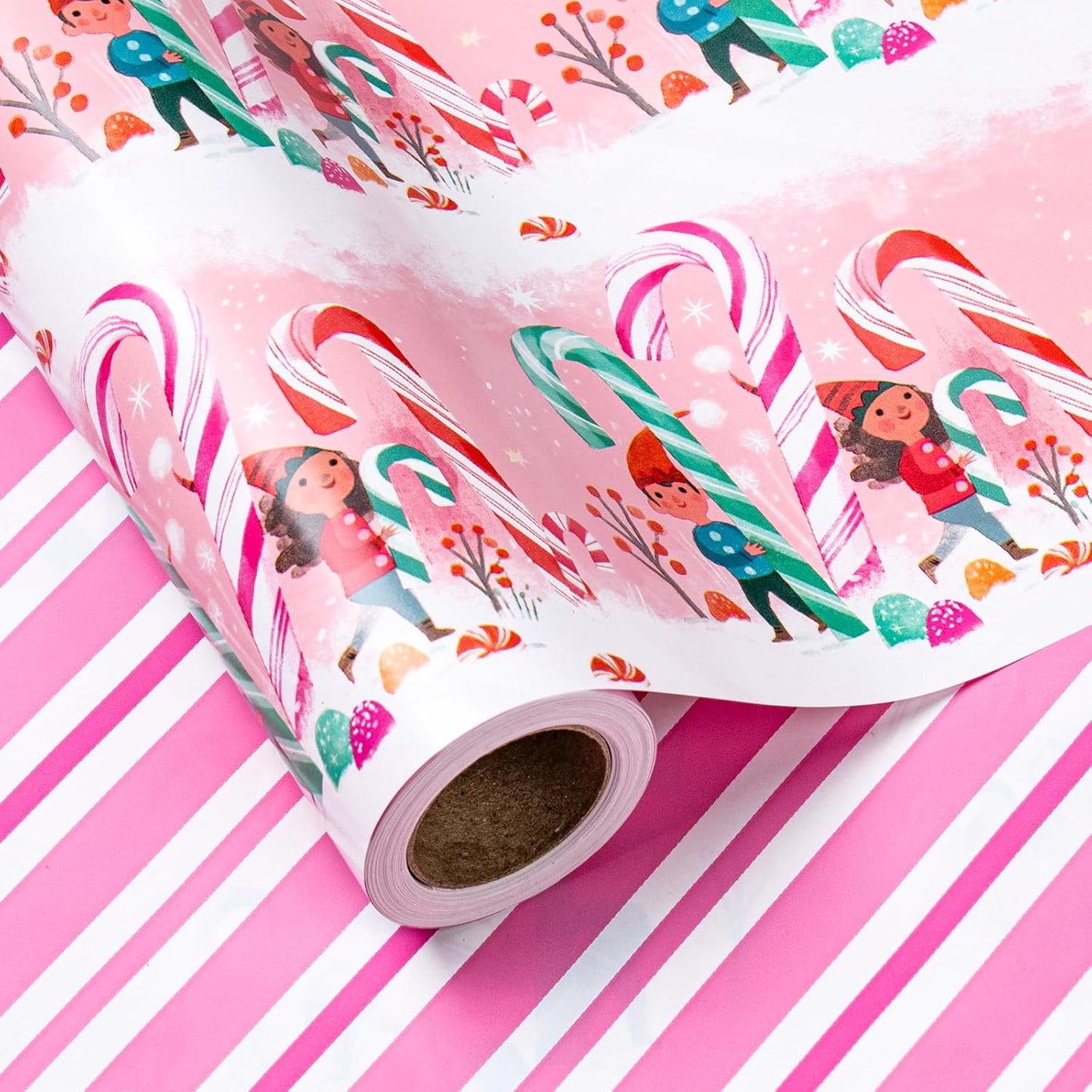 LeZakaa Christmas Pink Wrapping Paper Mini Roll for Kids, Playful Elf Cane Candy, Pink White Candy Stripes Sweet Snowy Reversible Design, 17 inches x 32.8 Feet