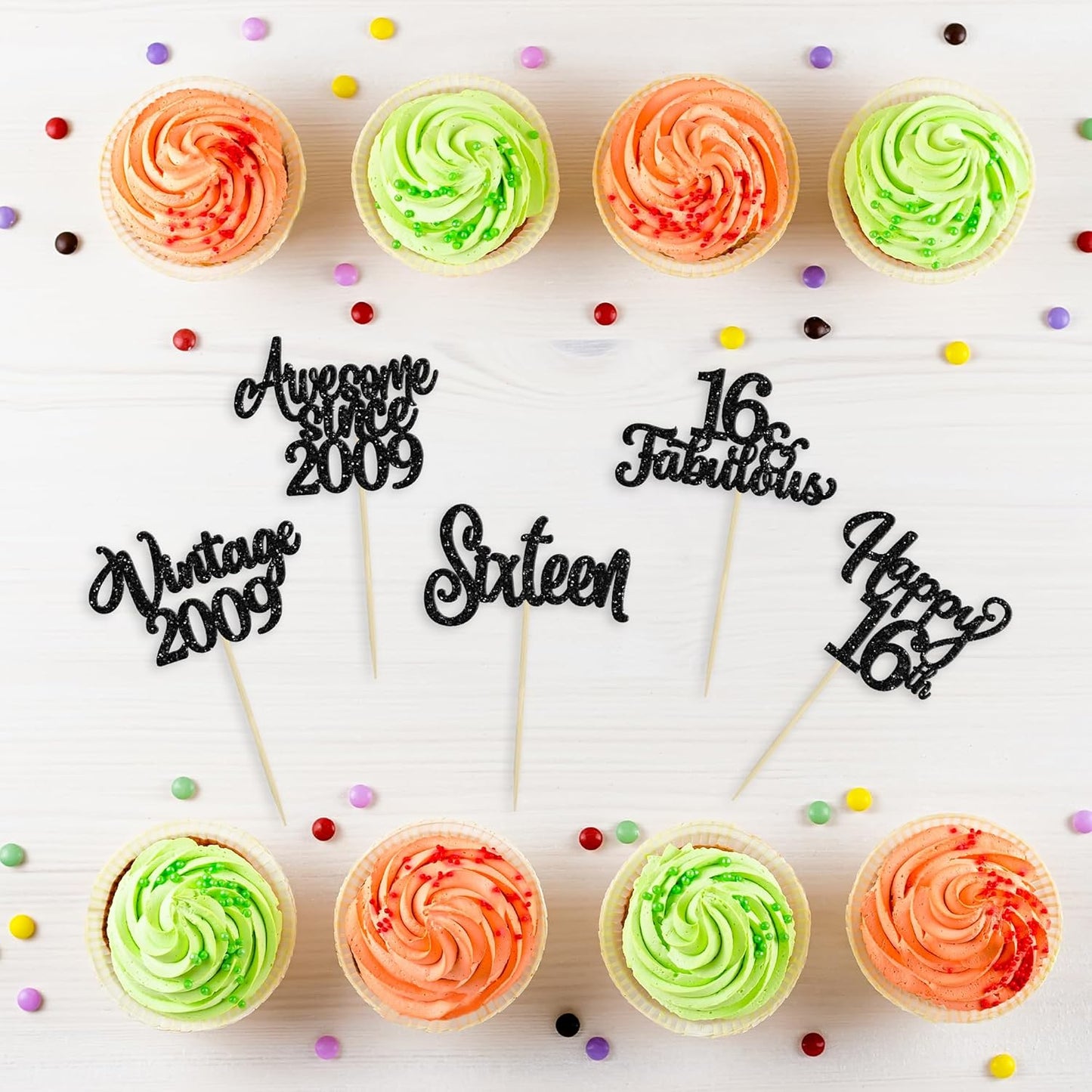 30Pcs Happy 16th Birthday Cupcake Toppers Glitter Sixteen Vintage 2009 Cupcake Picks Cheers to 16 Fabulous Cake Decorations for 16th Birthday Wedding Anniversary Party Supplies Black